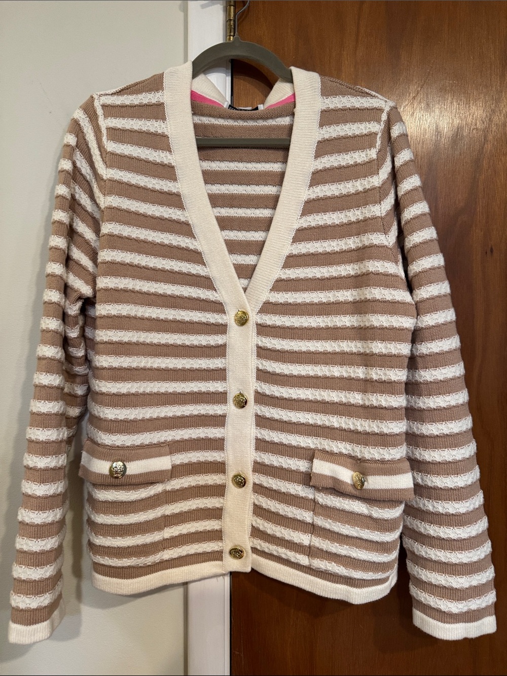 Isaac Mizrahi Live! Striped Cardigan in Beige and White